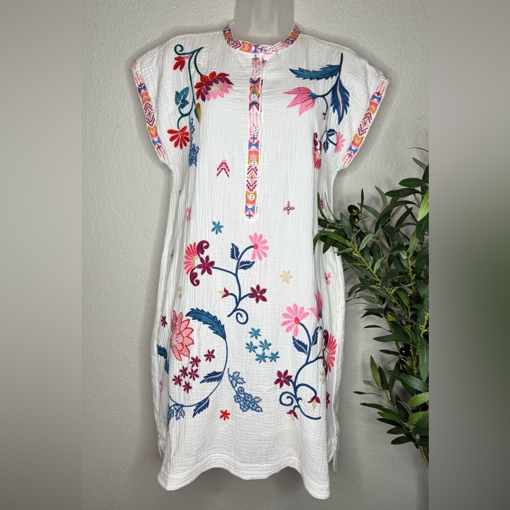 Johnny Was JWLA‎ White Embroidered Cotton Boho Dress Women’s XS Floral Shift